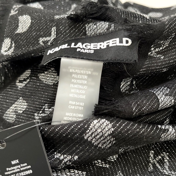 New Karl Lagerfeld Paris Scarf Logo Eiffel Tower 70"x 28" Black Metallic Silver - Picture 5 of 6